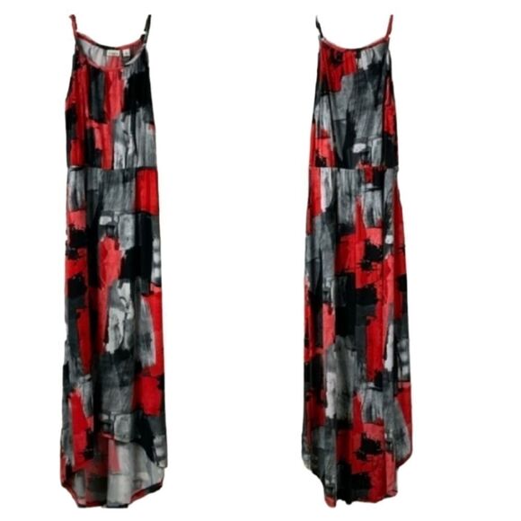 CATO Women XS 2/4 Black & Red Brushstroke High Low Sleeveless Strappy Maxi Dress - Picture 2 of 6